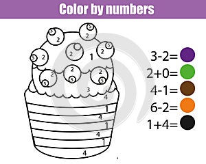 Coloring page with cupcake. Color by numbers educational children game, drawing kids activity. Math game