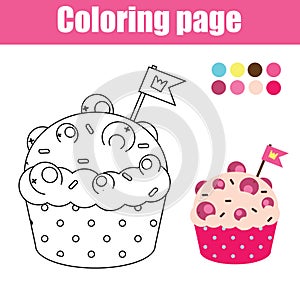 Coloring page with cupcake. Drawing kids game. Printable activity