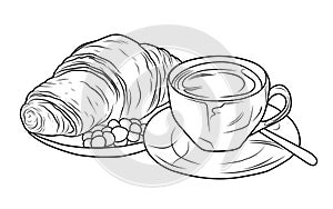 Coloring page with cups of coffee and croissant. French breakfast