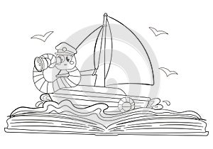 Coloring page with cute bookworm sailing in boat exploring ocean