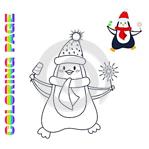 Coloring page with cute christmas penguin with with ice-cream and fireworks