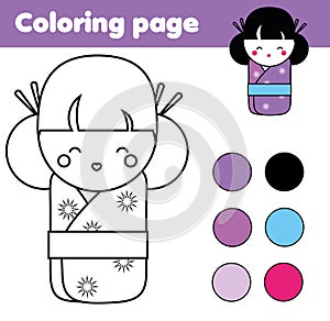 Coloring page with cute japanese kokeshi doll. Children educational game, drawing activity