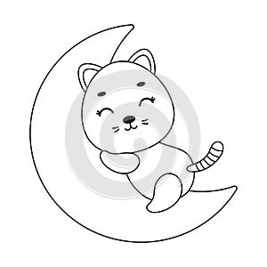 Coloring page cute little cat sleeping on moon. Coloring book for kids. Educational activity for preschool years kids