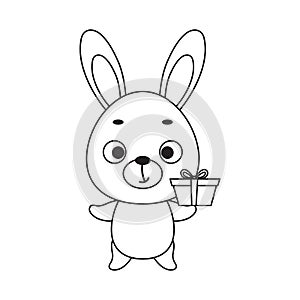 Coloring page cute little hare with gift box. Coloring book for kids. Educational activity for preschool years kids and