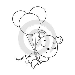 Coloring page cute little mouse flying on balloons. Coloring book for kids. Educational activity for preschool years