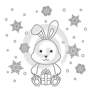 Coloring page with cute little rabbit, gift box and falling snowflakes