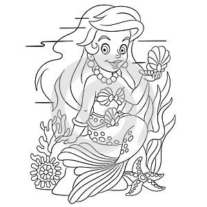 Coloring page with cute lovely mermaid
