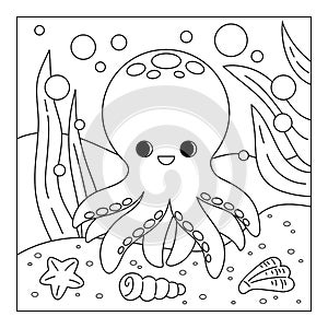 Coloring page, Cute octopus and sea background ocean floor