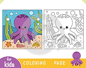 Coloring page, Cute octopus and sea background ocean floor