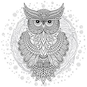Coloring page with cute owl and floral frame.