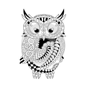 Coloring page with cute owl hand drawn zentangle. Adult antistress coloring page - vector illustration
