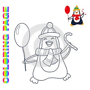 Coloring page with cute penguin with balloon