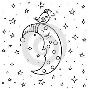 Coloring page with cute sleeping moon and a bird