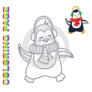 Coloring page with cute smiling christmas penguin listening to music in headphones