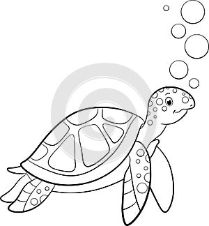 Coloring page. Cute smiling sea turtle swims underwater with bubbles