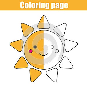 Coloring page with cute sun character. Educational game, printable drawing kids activity