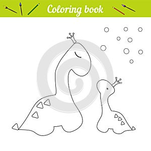 Coloring page Dino princess poster. Cartoon outline draw. Educational game for children. Two dinosaurs in crowns. Little dinosaur