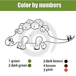 Coloring page with dinosaur stegosaurus. Color by numbers educational children game, drawing kids activity.