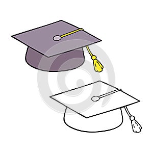 Coloring page of doodle graduation hat with example