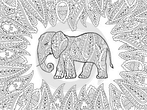 Coloring page with doodle style elephant in zentangle inspired style.