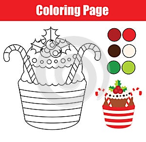 Coloring page. Educational children game. Color Christmas cupcake. Drawing kids printable activity.