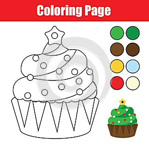 Coloring page. Educational children game. Color Christmas cupcake. Drawing kids printable activity.