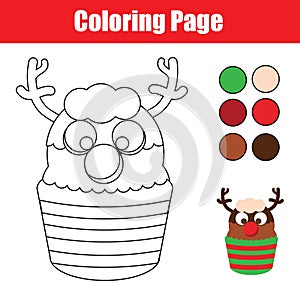 Coloring page. Educational children game. Color Christmas cupcake. Drawing kids printable activity.