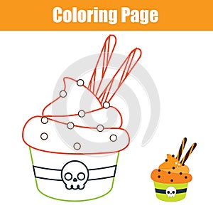 Coloring page. Educational children game. Color Halloween cupcake. Drawing kids printable activity.