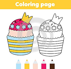 Coloring page. Educational children game. Yummy princess cupcake. Drawing kids printable activity.