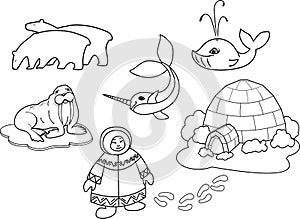 Coloring page. Eskimo in national clothes, igloo and cartoon animals of polar fauna