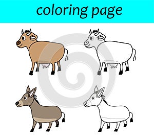 Coloring Page. farm animal set. Cow and donkey cartoon illustration.