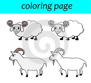 Coloring Page. farm animal set. sheep and goat cartoon illustration.