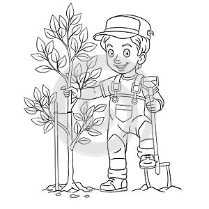 Coloring page with farmer boy planting a tree