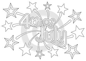 Coloring page with a festive quote 4th of July on a background with firework and stars