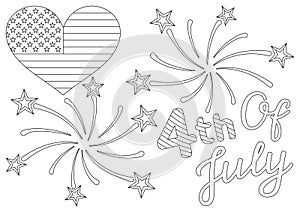 Coloring page with festive quote, US flag in heart shape, firework and stars