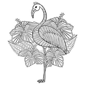 Coloring page with Flamingo in hibiskus