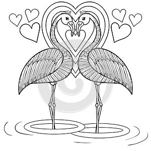 Coloring page with Flamingo in love, zentangle hand drawing illustration tribal totem bird for adult Coloring books or tattoos, l