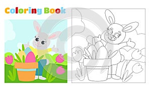 Coloring page. A flower pot with Easter eggs inside.