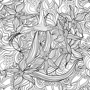 Coloring page with flowers and hummingbird