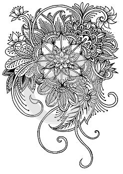 Coloring page with flowers and leaves.