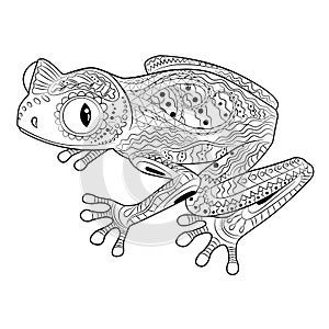 Coloring page with frog in patterned style.