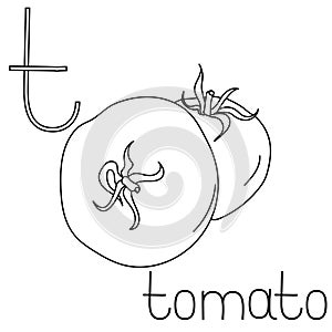Coloring page fruit and vegetable ABC, Letter T - tomato, educated coloring card