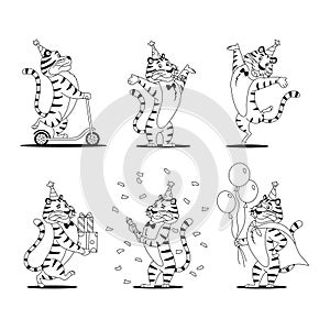 Coloring page. Funny cartoon Birthday tigers set