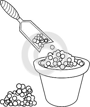 Coloring page. Garden scoop and flower pot with soil