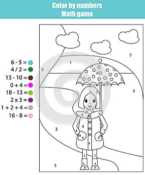 Coloring page with girl. Color by numbers math game