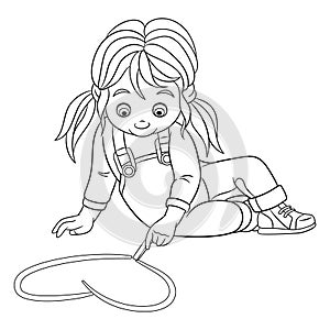 Coloring page with girl drawing heart