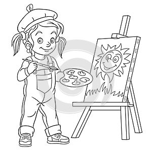 Coloring page with girl drawing, painting artist