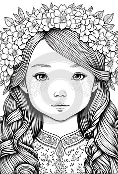 Coloring page, girl with a flower wreath on his head, black and white, cartoon illustration, digital pencil drawing