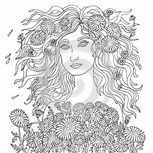 Coloring page of a girl with flying hair with a bouquet of daisies