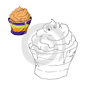 Coloring page. Halloween cupcake. Color by numbers educational children game. Drawing kids activity, printable sheet.